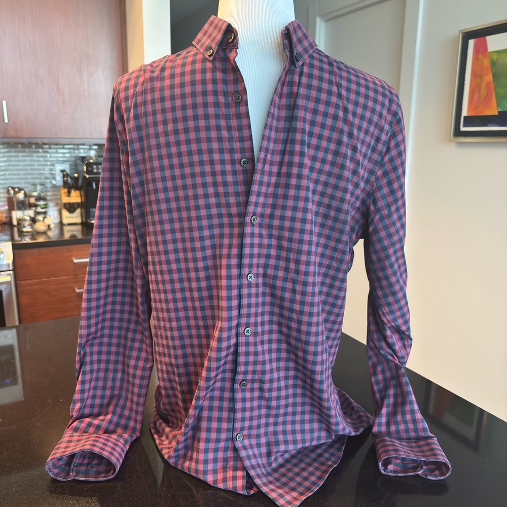 Express Burgundy & Navy Checkered Dress Shirt | Long Sleeve Button Down | Medium